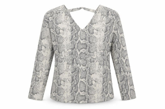 Front view of Next women’s grey v-neck animal print polyester jumper, size UK 10