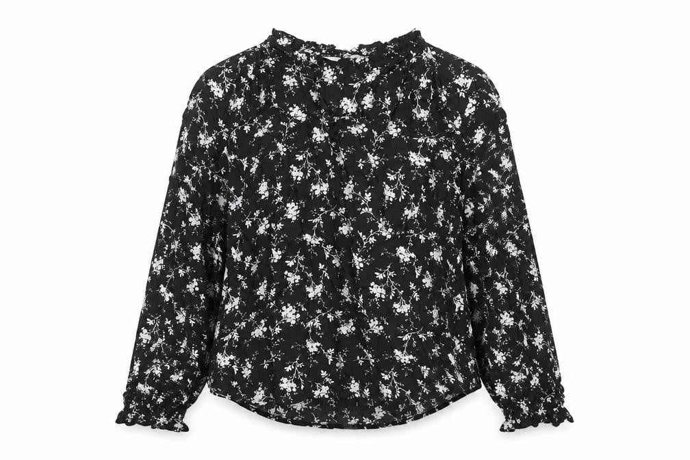 Front view of Per Una women’s black floral viscose basic blouse, size UK 6, v-neck