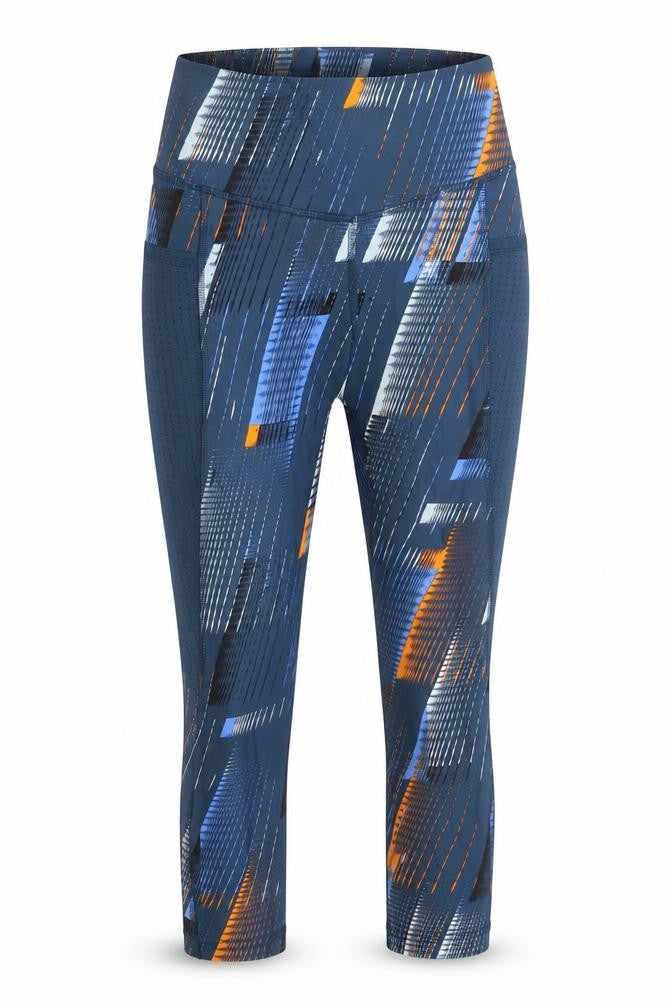 Front view of Marks & Spencer women’s blue geometric polyester cropped leggings, size UK 6, 20-inch leg regular pullover