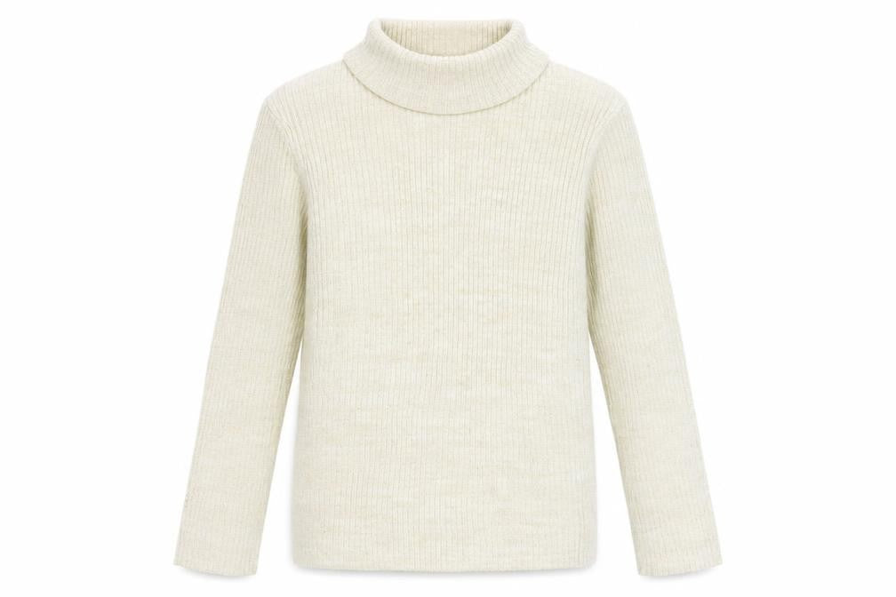 Front view of Tu girls’ beige high neck acrylic jumper, size 11, years pullover - ribbed