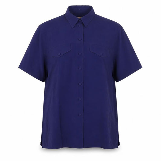 Front view of EXTRA women’s blue polyester basic button-up, size UK 10, collared
