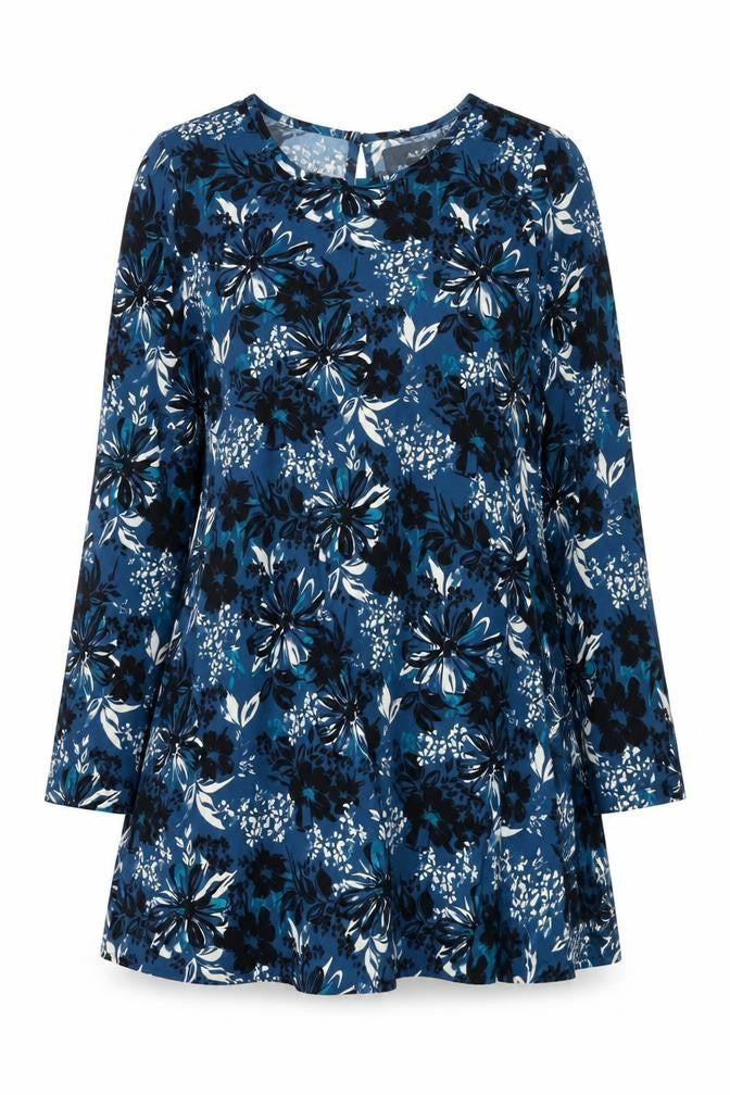 Front view of A&G women’s blue floral polyester a-line, size UK 12, round neck button