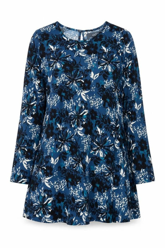 Front view of A&G women’s blue floral polyester a-line, size UK 12, round neck button