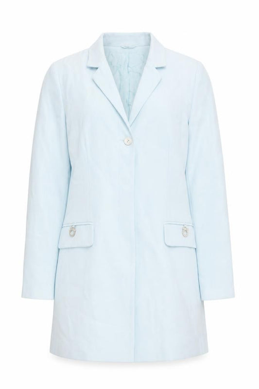 Front view of Gina women’s blue jacket, size UK 12, button - hidden buttons
