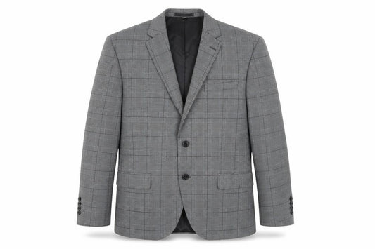 Front view of Marks & Spencer men’s grey plaid polyester jacket blazer, size L