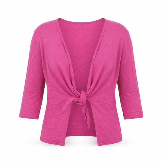 Front view of Jackpot women’s pink v-neck cotton cardigan jumper, size S, - front knot detail