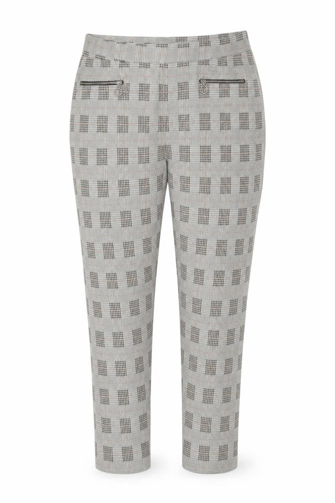 Front view of Select women’s brown plaid polyester trousers, size L, 27-inch leg regular