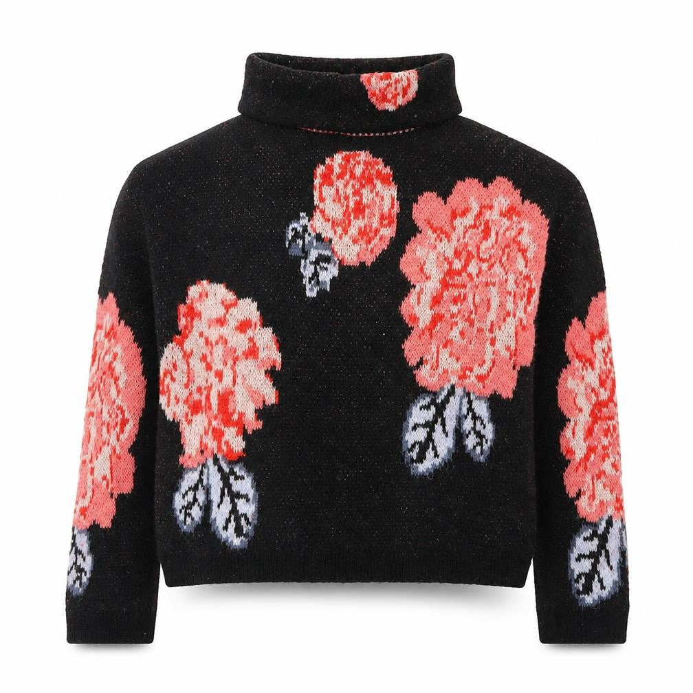 Marks and Spencer Womens Black Roll Neck Floral Acrylic Pullover Jumper Size S - Roses