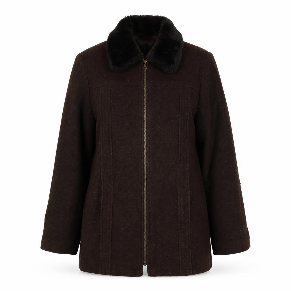Front view of Para women’s brown pea coat coat, size M, zip