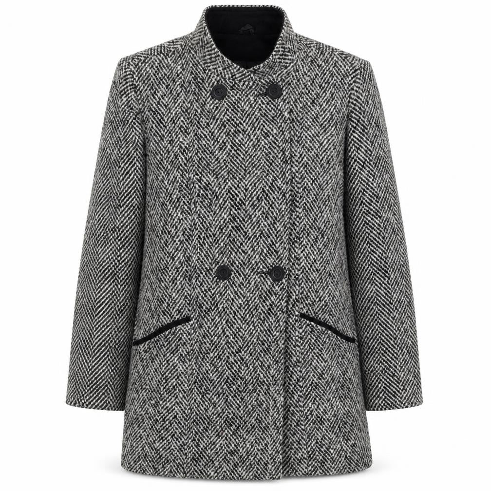 Front view of BHS women’s black geometric pea coat coat, size UK 12, button