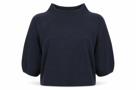 Front view of H&M women’s blue polyester basic blouse, size L, boat neck