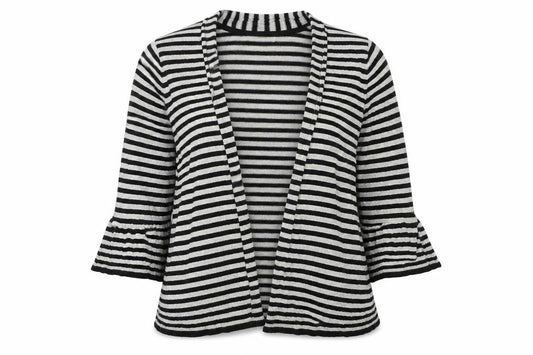 Front view of Marks & Spencer women’s black v-neck striped viscose cardigan jumper, size UK 14