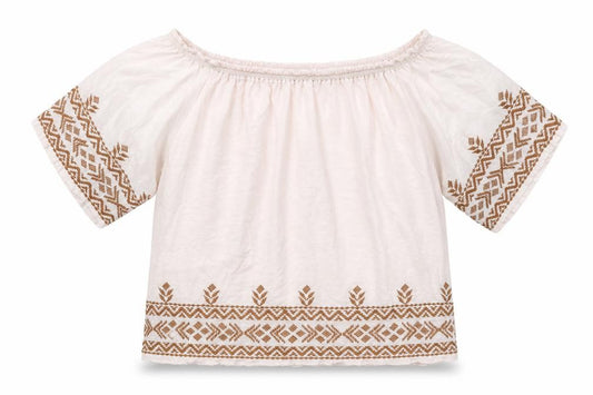 Front view of Next women’s pink geometric polyester basic t-shirt, size UK 12, off the shoulder