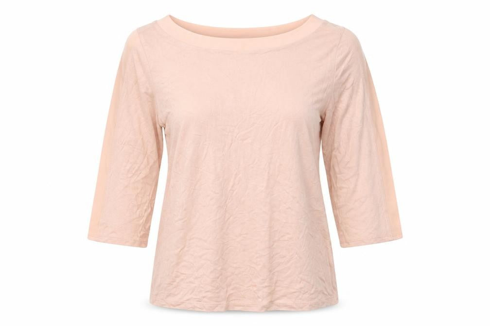 Front view of Preworn women’s pink polyester basic t-shirt, size UK 14, boat neck