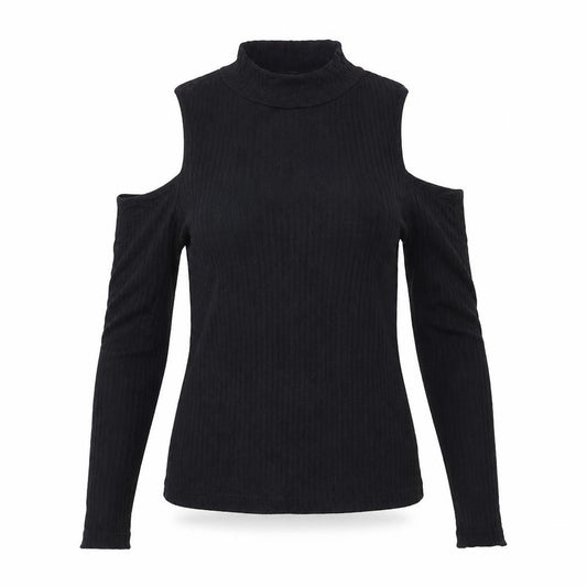 Front view of ASOS women’s black polyester basic t-shirt, size UK 4, high neck - cold shoulder
