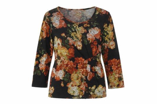 Front view of Bassini Bassino women’s multicoloured floral polyester jersey t-shirt, size UK 12, round neck