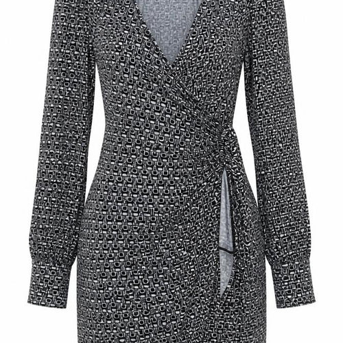 Miss Selfridge Womens Black Geometric Polyester Wrap Dress Size 6 V-Neck Tie