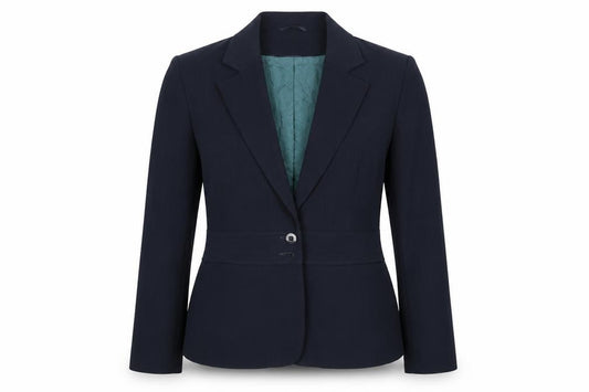 Front view of Autonomy women’s blue jacket blazer, size UK 12, button