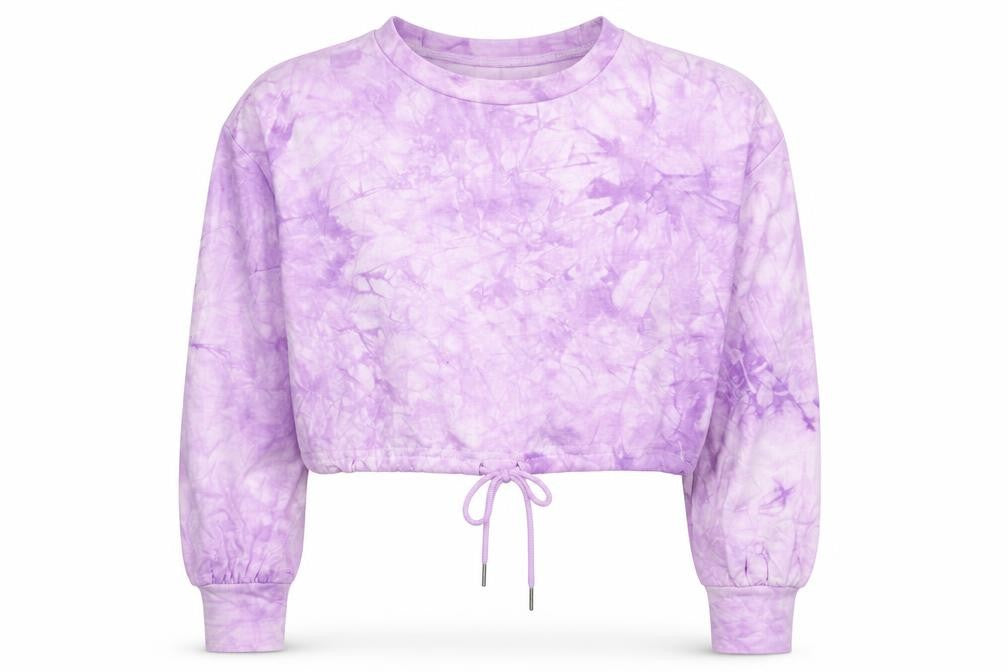 Front view of Femme Luxe women’s pink cotton pullover sweatshirt, size UK 6, pullover - tie dye pattern, cropped