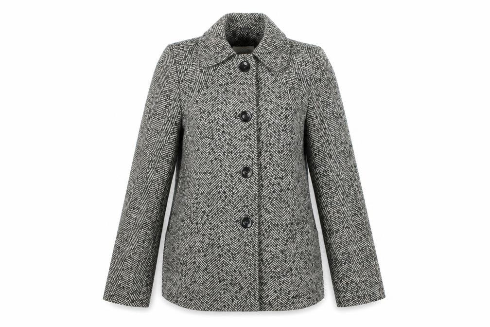 Front view of BHS women’s grey herringbone pea coat coat, size UK 8, button