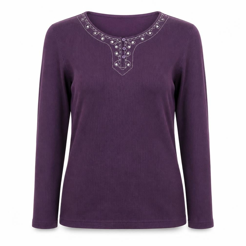 Front view of Bonmarché women’s purple scoop neck polyester jumper, size S