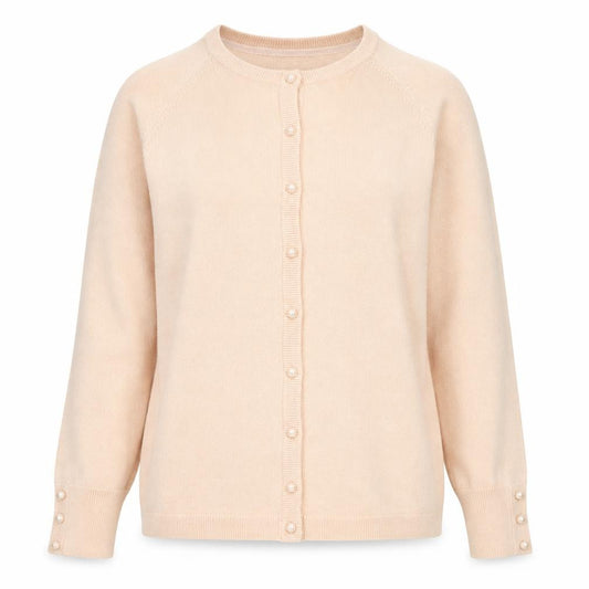 Front view of Plum Tree women’s pink round neck acrylic cardigan jumper, size M