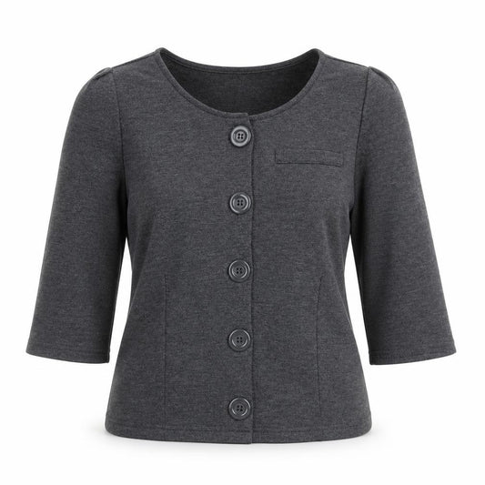 Front view of H&M women’s grey round neck polyester cardigan jumper, size M