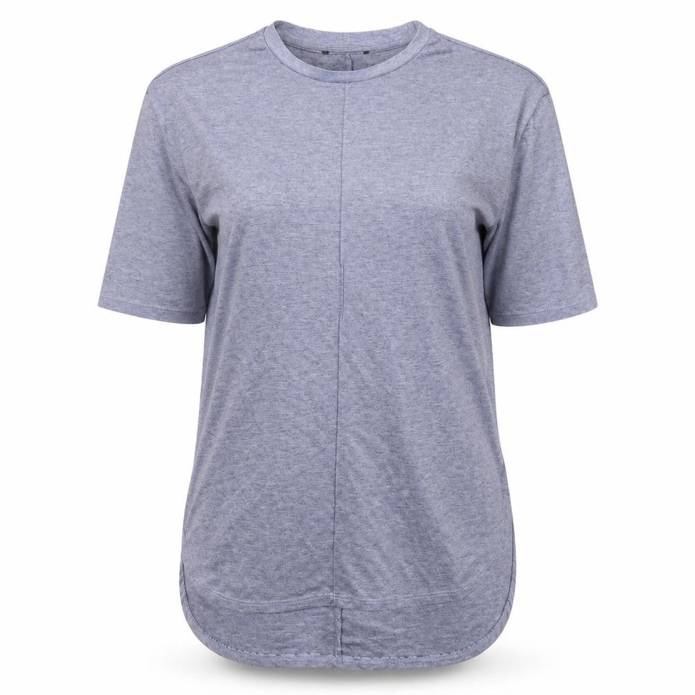 Front view of Primark women’s blue striped polyester tunic t-shirt, size UK 6, round neck