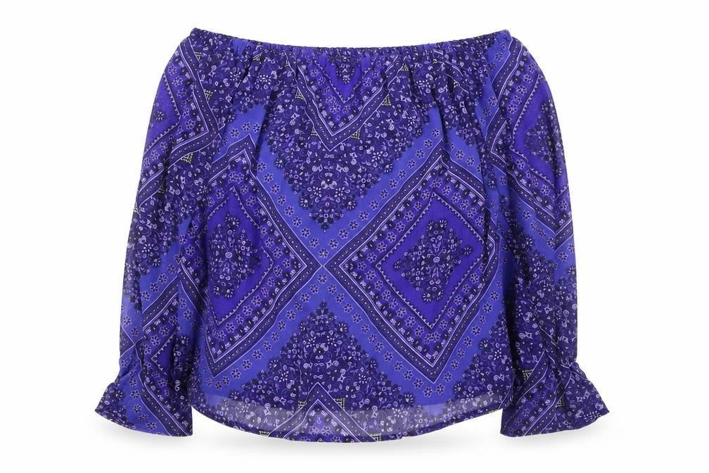 Front view of F&F women’s purple geometric polyester basic blouse, size UK 12, off the shoulder