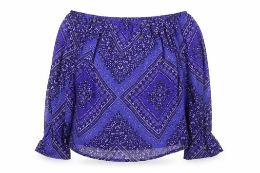 Front view of F&F women’s purple geometric polyester basic blouse, size UK 12, off the shoulder