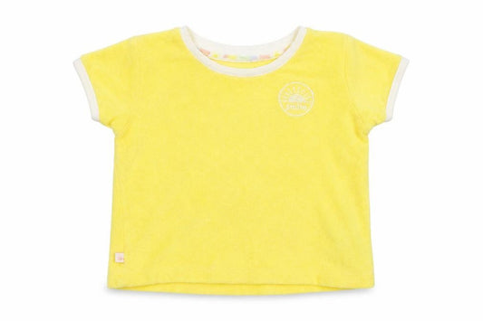 Front view of Primark Baby Yellow Cotton Basic T-Shirt, size 12-18, Months Round Neck Pullover - Smile