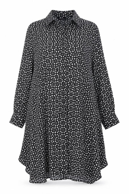 Front view of Marks & Spencer women’s black geometric polyester a-line, size UK 6, collared button