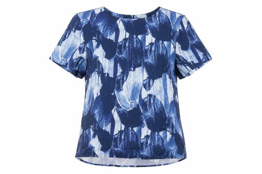 Front view of H&M women’s blue geometric polyester basic t-shirt, size UK 6, crew neck