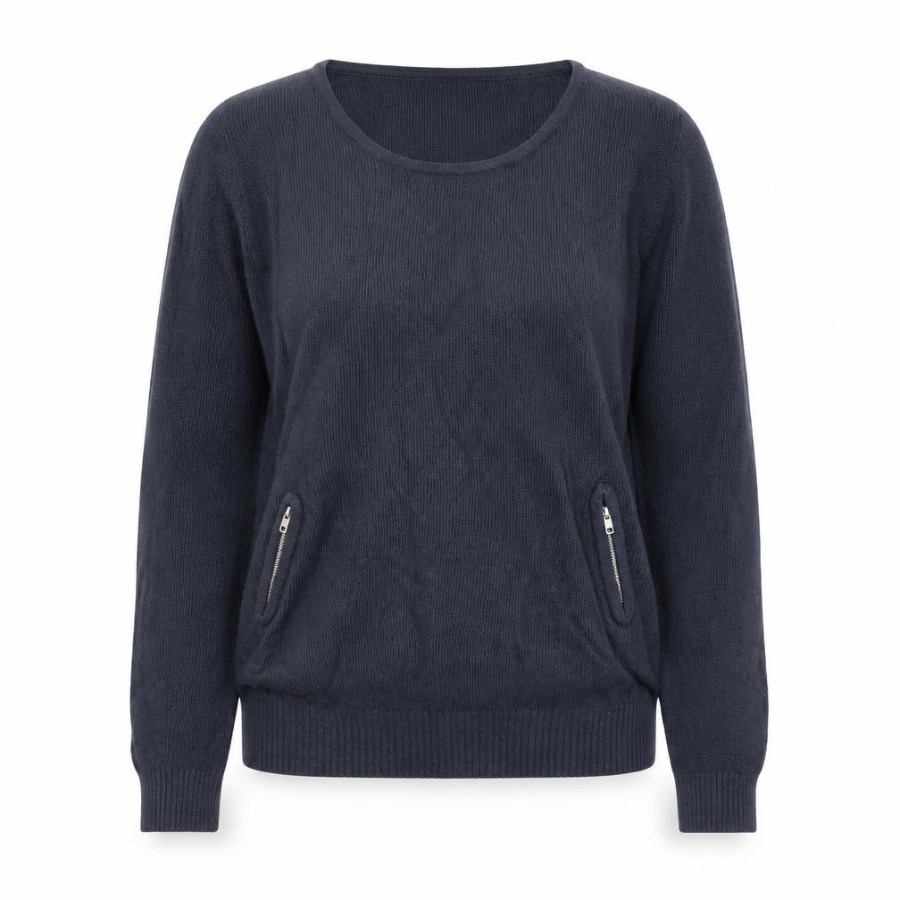 Front view of Cherry women’s blue scoop neck wool jumper, size S