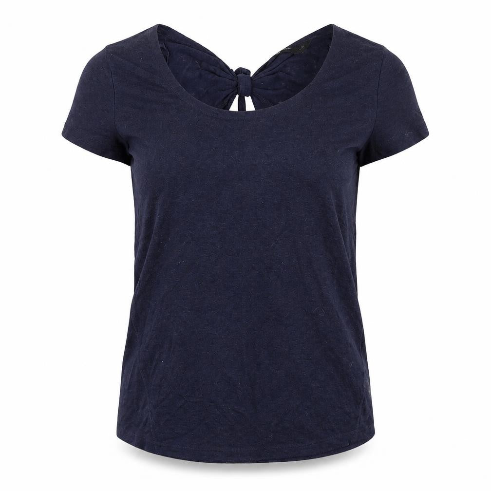 Front view of F&F women’s blue viscose basic t-shirt, size UK 10, round neck