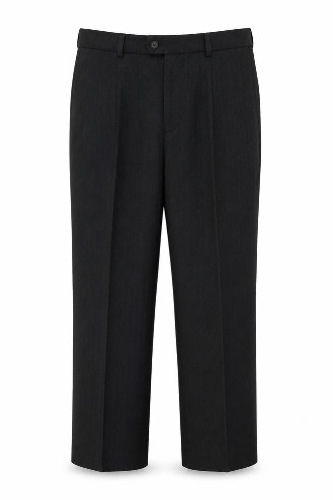 Front view of JACK REID men’s grey polyester trousers, size 38, in, 30-inch leg regular button