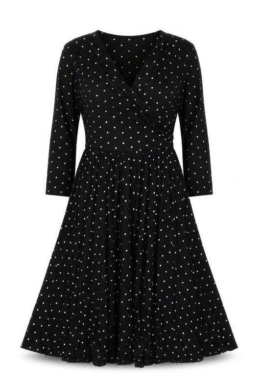 Front view of Happy Mama women’s black geometric polyester a-line, size S, v-neck pullover - stars pattern