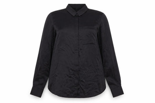 Front view of Cult Studios women’s black polyester basic button-up, size UK 10, collared