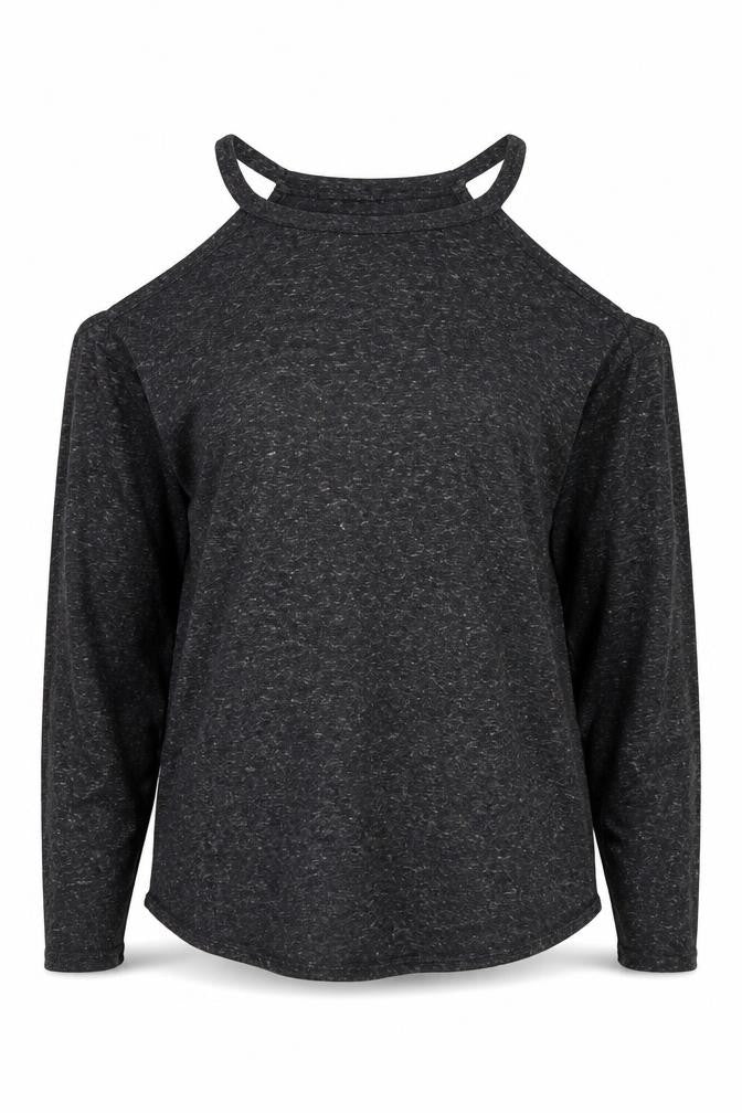 Front view of Noisy May women’s black polyester basic t-shirt, size XS, halter - cold shoulder