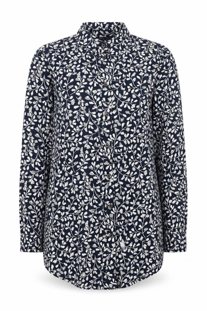 Front view of Marks & Spencer women’s blue floral viscose tunic button-up, size UK 8, collared