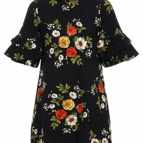Boohoo Womens Black Floral Viscose T-Shirt Dress Size 4 Round Neck Zip