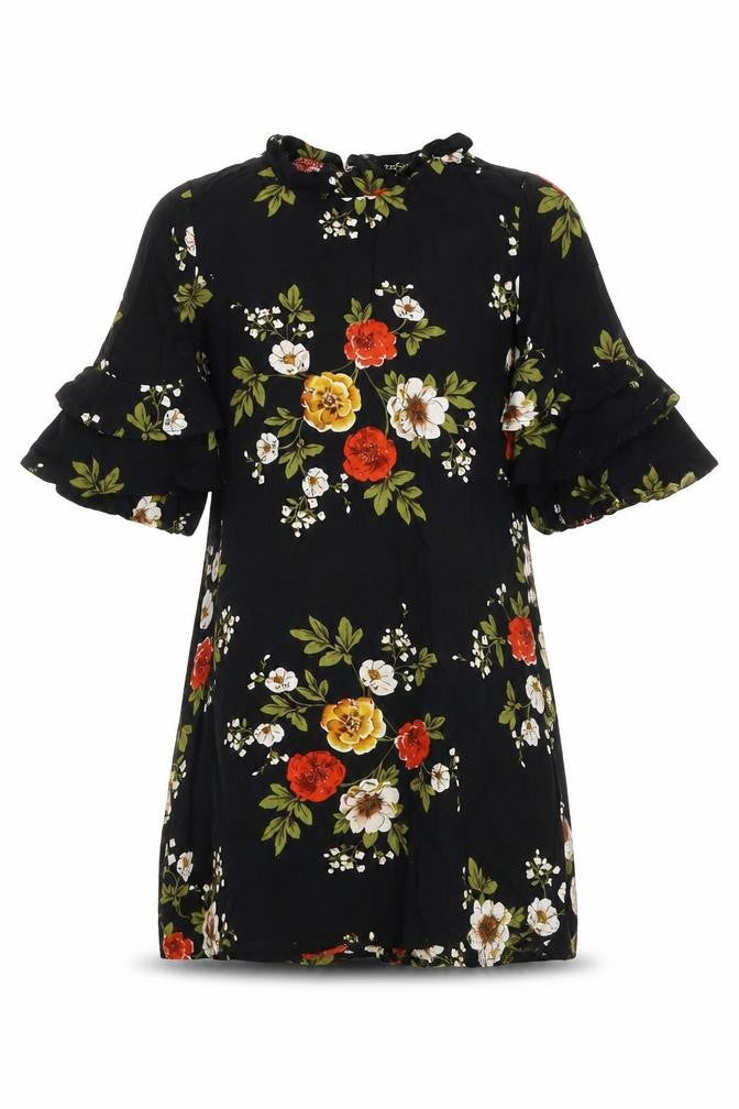 Boohoo Womens Black Floral Viscose T-Shirt Dress Size 4 Round Neck Zip