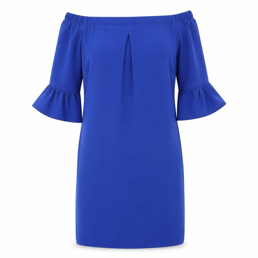 Front view of Dorothy Perkins women’s blue polyester sheath, size UK 6, off the shoulder pullover