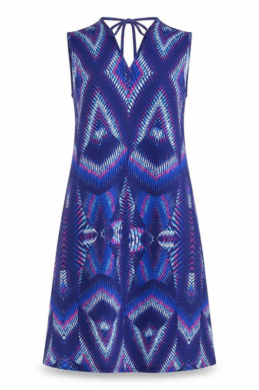 Front view of Kaleidoscope women’s blue geometric polyester tank dress, size UK 14, halter tie