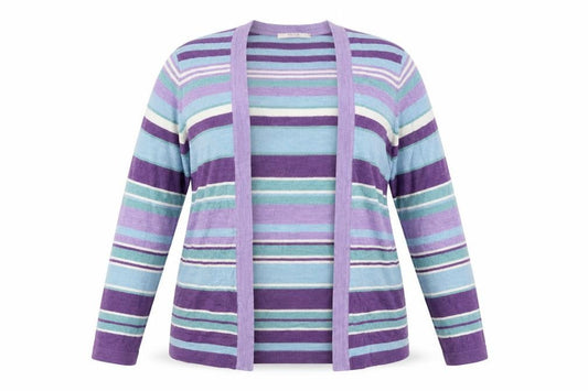 Front view of Classics women’s multicoloured v-neck striped acrylic cardigan jumper, size UK 14