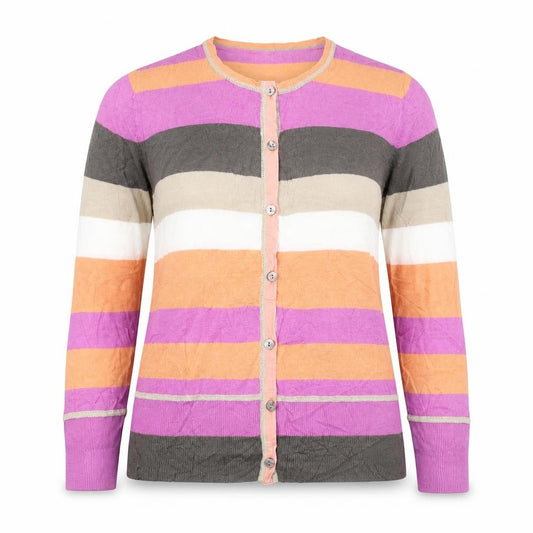 Front view of Next women’s multicoloured round neck striped 100% cotton cardigan jumper, size UK 12