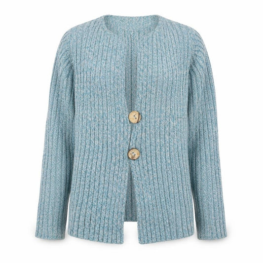 Front view of EWM women’s blue v-neck acrylic cardigan jumper, size S, - ribbed