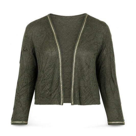 Front view of Per Una women’s green v-neck viscose cardigan jumper, size UK 10