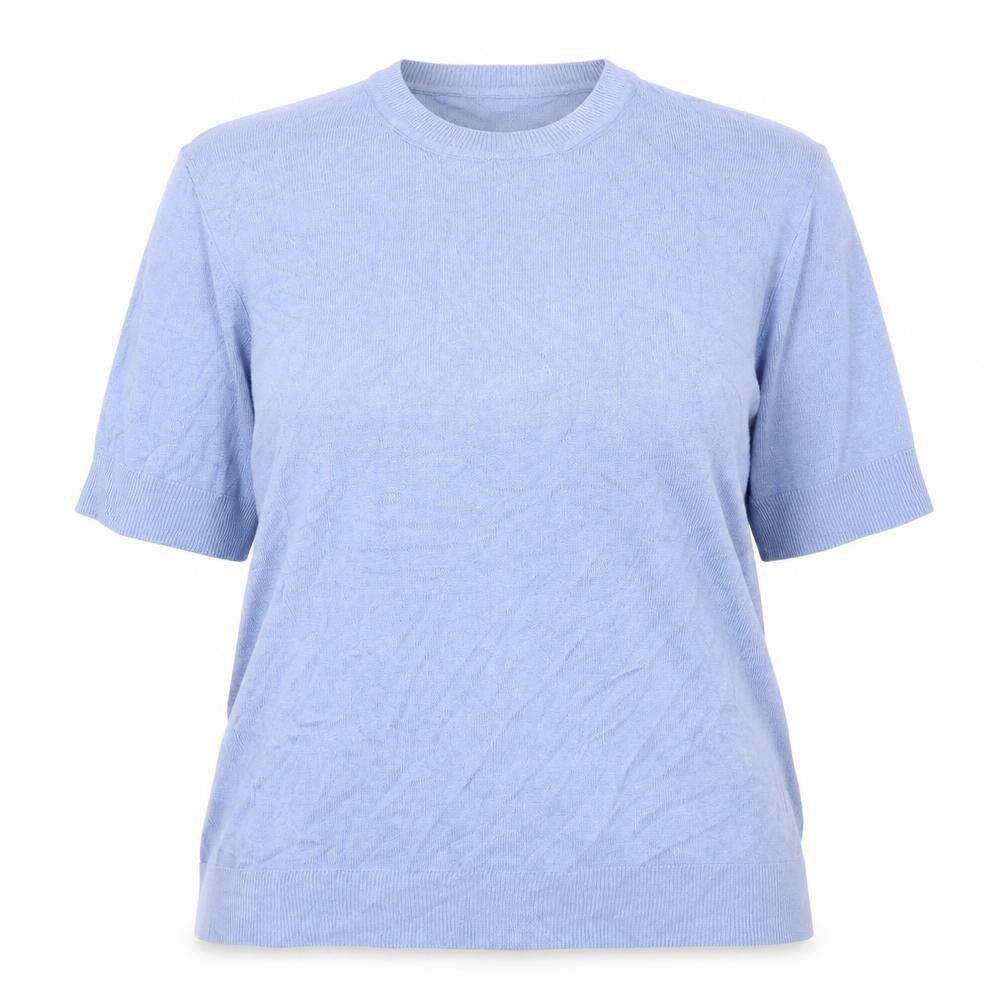 Front view of Marks & Spencer women’s blue viscose basic blouse, size UK 16, round neck