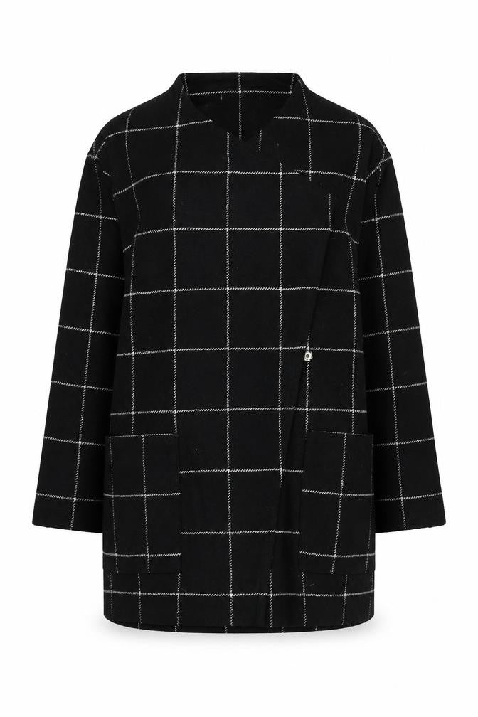 Front view of Peacocks women’s black check overcoat coat, size UK 14, snap